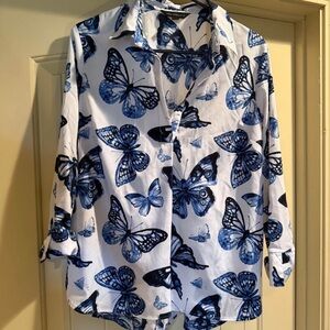 Investments Blue and White Butterfly Print Top